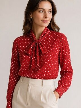 Vintage Halston III Red Print Bow Tie Blouse Petite 6 Secretary Top